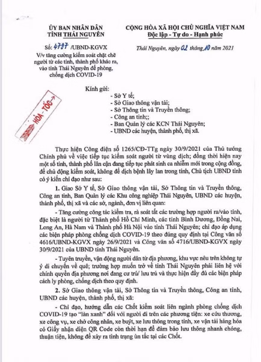 Công văn chỉ đạo của UBND tỉnh Thái Nguyên