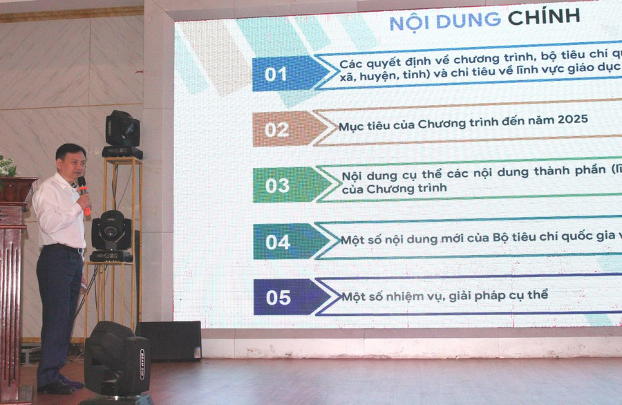 Phó Vụ trưởng Vụ Cơ sở vật chất Phạm Văn Sinh trình bày nội dung Chương trình mục tiêu quốc gia xây dựng nông thôn mới tại hội thảo. Phó Vụ trưởng Vụ Cơ sở vật chất Phạm Văn Sinh trình bày nội dung Chương trình mục tiêu quốc gia xây dựng nông thôn mới tại hội thảo.