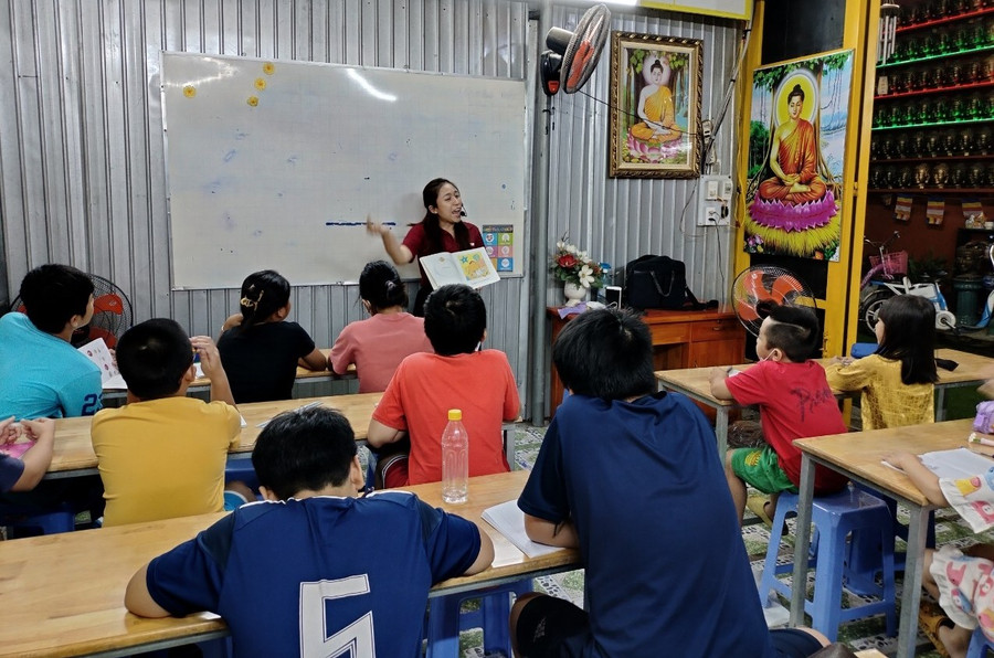 Giờ học của trẻ tại Phật đường Pháp Tuyền, phường Trảng Dài, TP Biên Hòa, Đồng Nai. Ảnh: Minh Anh Giờ học của trẻ tại Phật đường Pháp Tuyền, phường Trảng Dài, TP Biên Hòa, Đồng Nai. Ảnh: Minh Anh