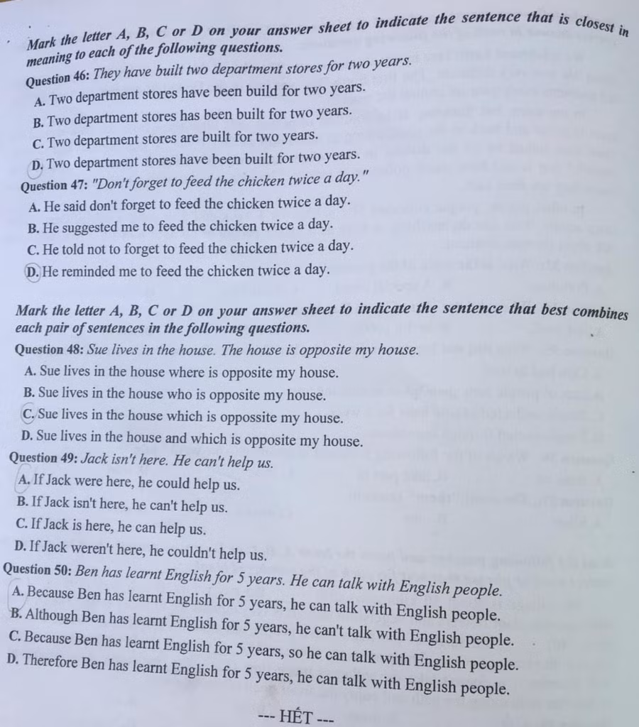 Thái Bình: Gợi ý đáp án bài Tiếng Anh thi vào lớp 10 ảnh 4