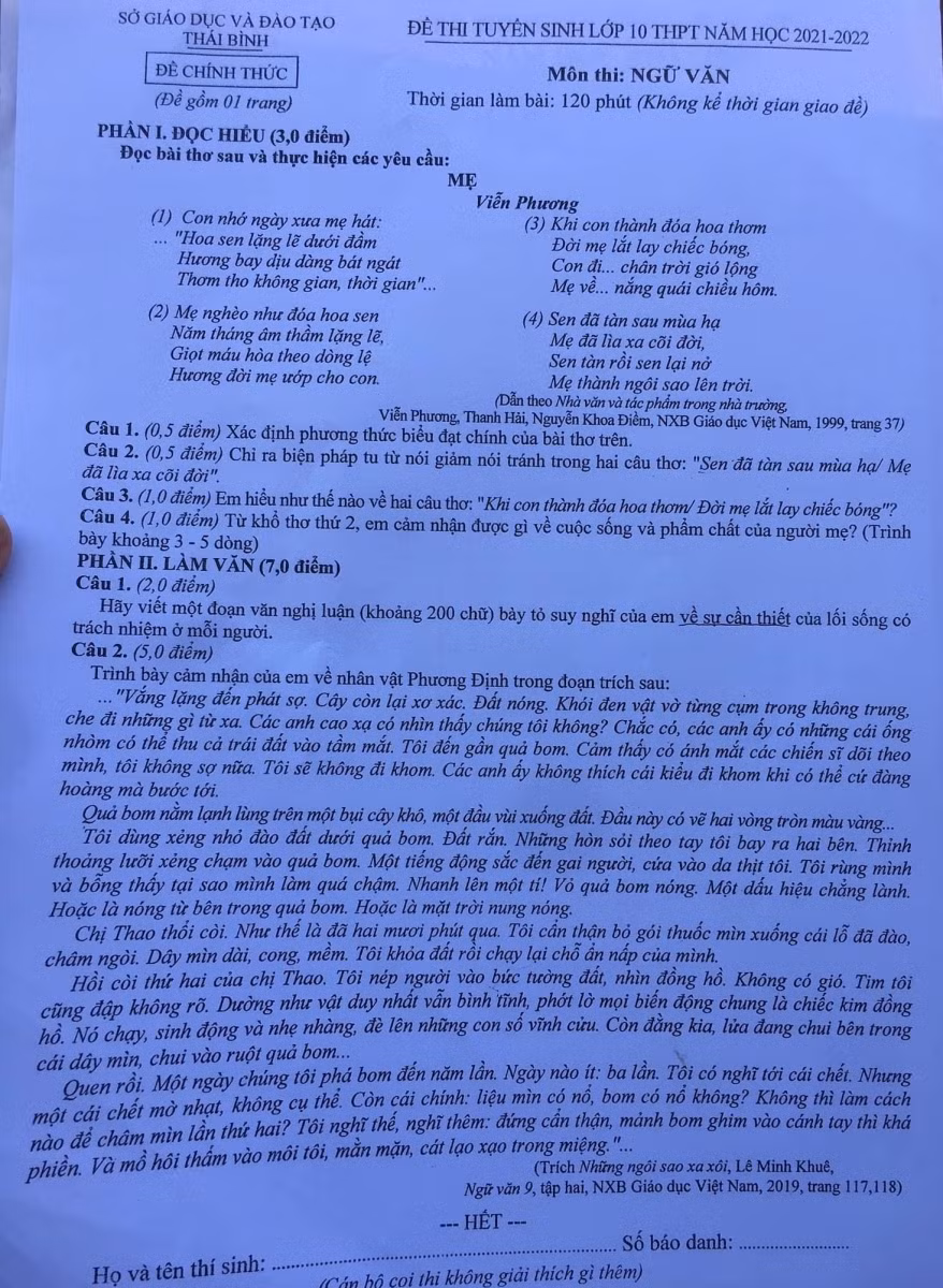 Thái Bình: Gợi ý giải bài thi môn Ngữ văn tuyển sinh vào lớp 10 ảnh 1