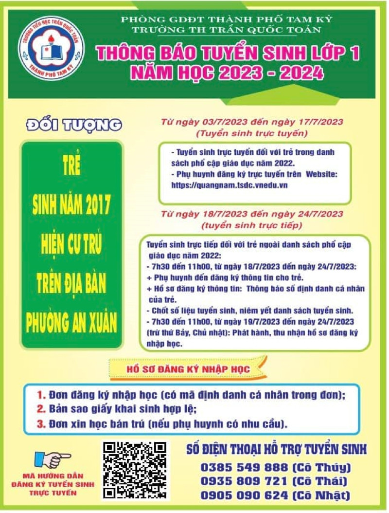 Trong thông báo tuyển sinh đầu cấp của các trường học trên địa bàn TP Tam Kỳ đều có mã QR và số điện thoại hỗ trợ phụ huynh nộp hồ sơ trực tuyến. Trong thông báo tuyển sinh đầu cấp của các trường học trên địa bàn TP Tam Kỳ đều có mã QR và số điện thoại hỗ trợ phụ huynh nộp hồ sơ trực tuyến.