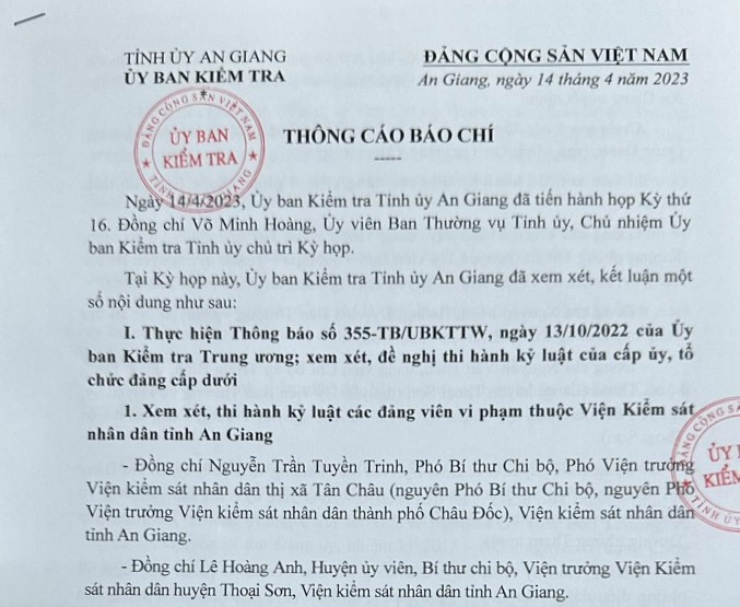 Thông cáo báo chí của UBKT Tỉnh ủy An Giang.