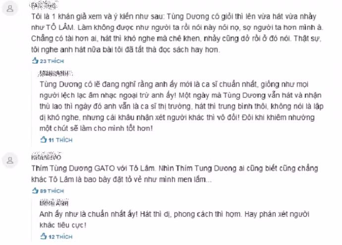Nhiều ý kiến không đồng tình với lời nhận xét thẳng thắn của Tùng Dương. TD