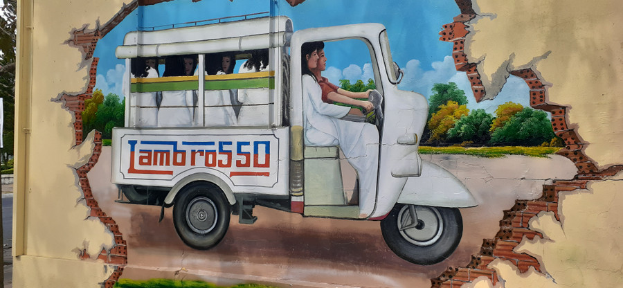 Một bức tranh gợi nhớ về thời đi xe Lam thập niên 70 - 80.