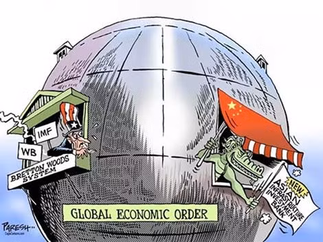 Mỹ kiểm soát Ngân hàng Thế giới (WB) và Quỹ Tiền tệ Quốc tế (IMF) nên TQ lập Ngân hàng Đầu tư cơ sở hạ tầng châu Á. Biếm họa của PARESH NATH, báo The Khaleej Times (Các Tiểu vương quốc Ả Rập thống nhất).