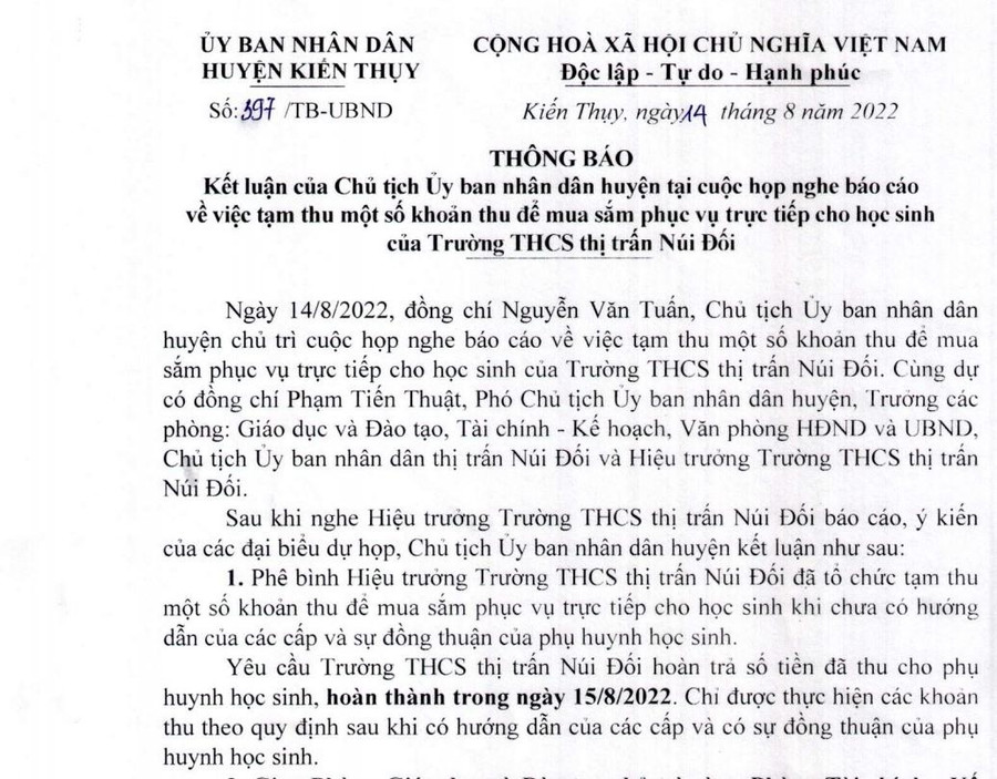 Thông báo phê bình Hiệu trưởng Trường THCS thị trấn Núi Đối.