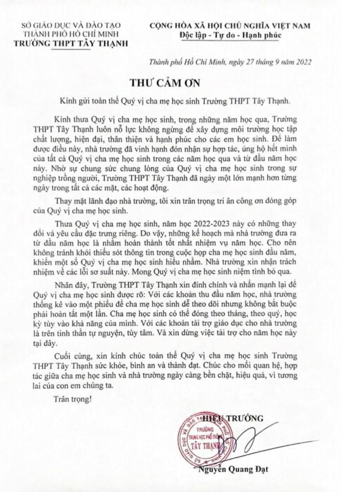 Thư cảm ơn và nhận sai sót gửi phụ huynh của Hiệu trưởng Trường THPT Tây Thạnh (quận Tân Phú, TP Hồ Chí Minh).