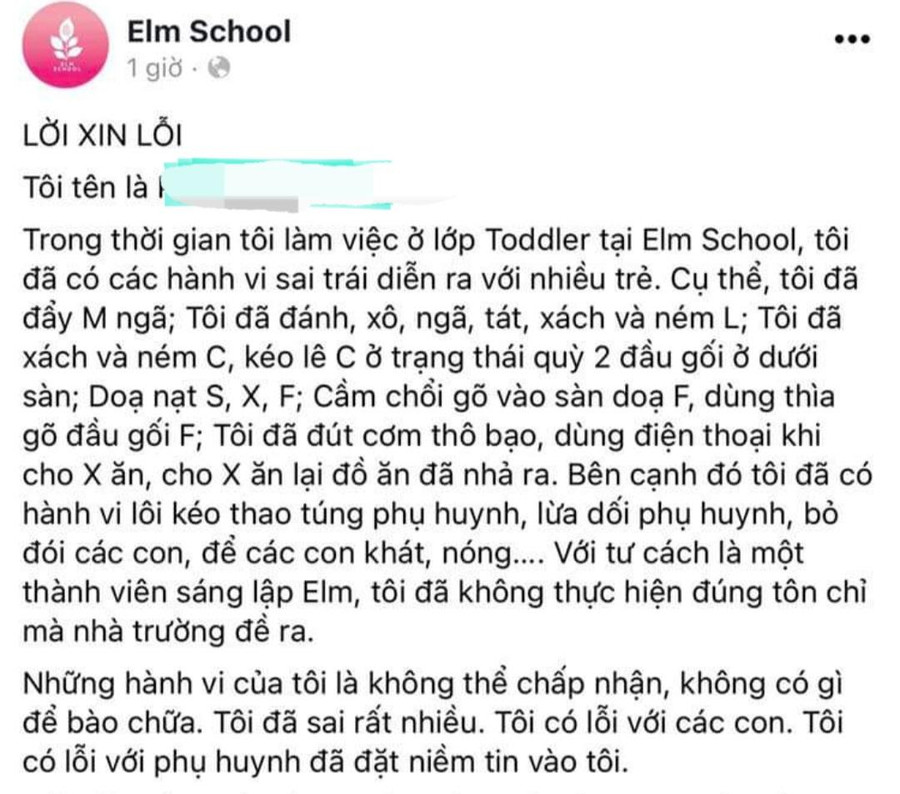 Thư xin lỗi của cô P.T.G. được đăng trên fanpage của nhóm lớp Elm School. 