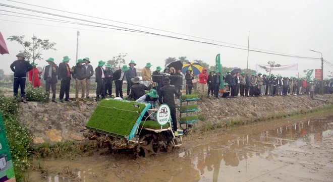 Trình diễn máy cấy tại Ngày hội ứng dụng công nghệ trong sản xuất nông nghiệp. (Ảnh: Thùy Dung/TTXVN) Trình diễn máy cấy tại Ngày hội ứng dụng công nghệ trong sản xuất nông nghiệp. (Ảnh: Thùy Dung/TTXVN)