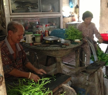 Đau buồn nhưng ông bà vẫn cố bào rau muống để kiếm thêm thu nhập lo cho cuộc sống.