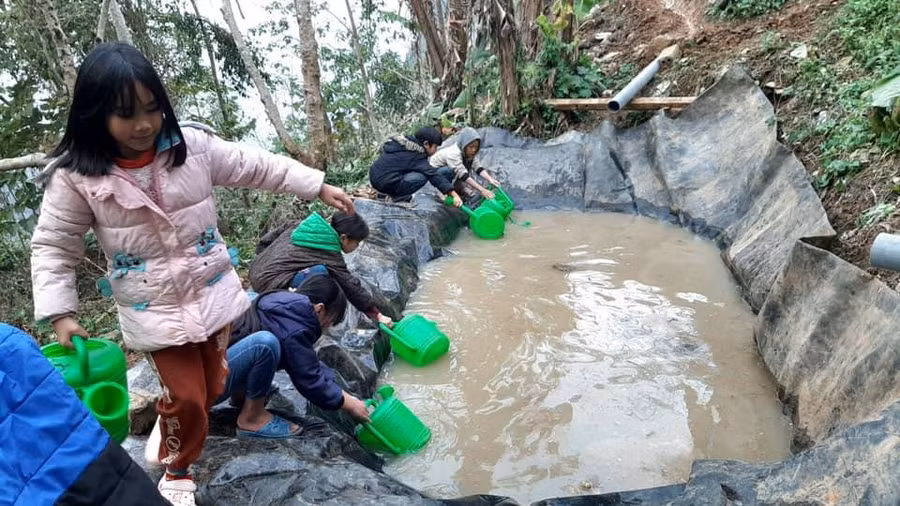 Trường PTDTBT TH Tả Gia Khâu tận dụng nước thải sinh hoạt để lắng tưới rau, trồng cây. Ảnh: NTCC