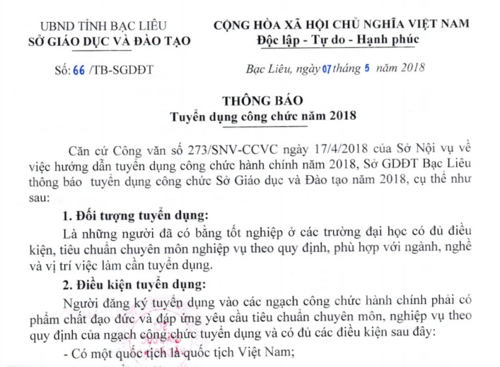 Sở GD&ĐT Bạc Liêu tuyển dụng viên chức