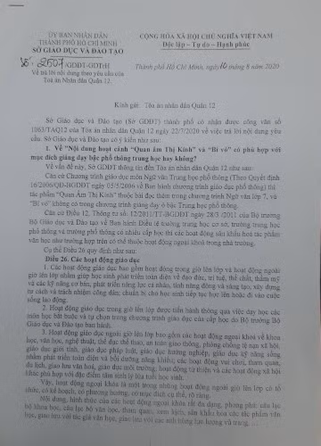 Văn bản phản hồi thẩm định chuyên môn của Sở GD&amp;ĐT TPHCM gửi Tòa án nhân dân Quận 12, TPHCM.