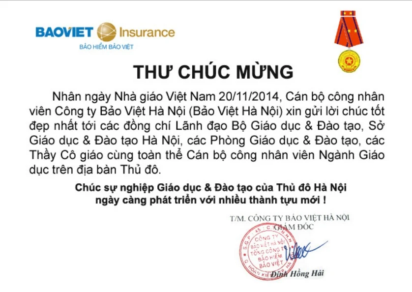 Bảo Việt gửi thư chúc mừng ngành Giáo dục nhân Ngày Nhà giáo Việt Nam 20/11