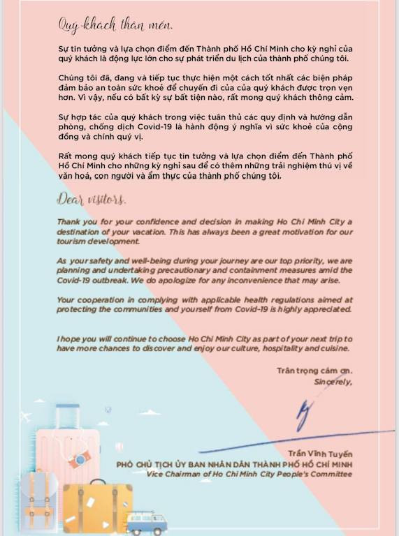 Bức thư được Phó Chủ tịch UBND TP.HCM Trần Vĩnh Tuyến kí, gửi đi thông điệp của TP.HCM tới khách du lịch Bức thư được Phó Chủ tịch UBND TP.HCM Trần Vĩnh Tuyến kí, gửi đi thông điệp của TP.HCM tới khách du lịch