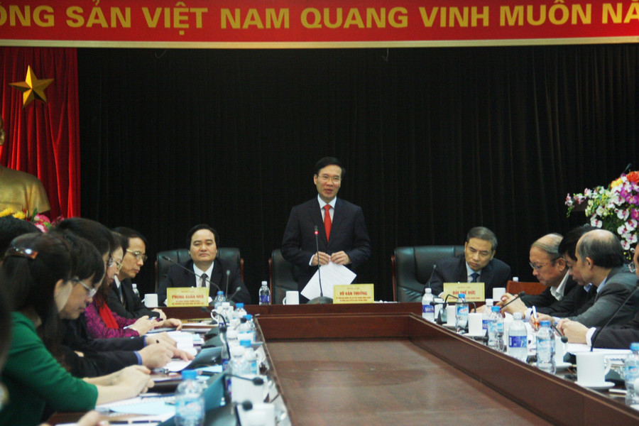 Đồng chí Võ Văn Thưởng - Ủy viên Bộ Chính trị, Trưởng Ban Tuyên giáo Trung ương phát biểu tại buổi làm việc