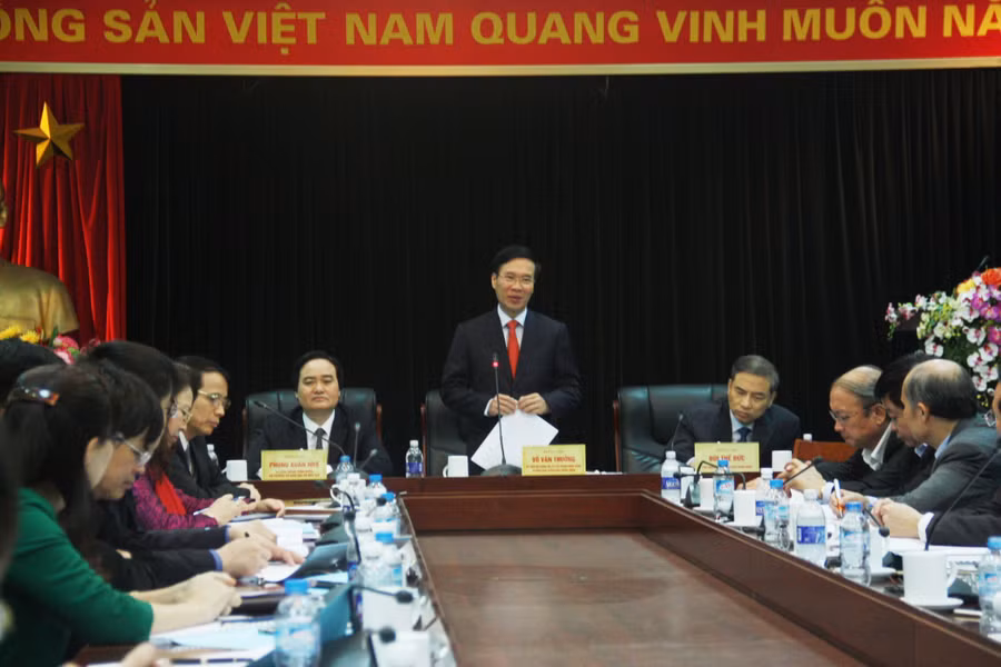 Đồng chí Võ Văn Thưởng - Ủy viên Bộ Chính trị, Trưởng Ban Tuyên giáo Trung ương phát biểu tại buổi làm việc