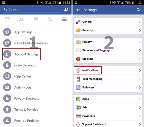 Cách làm tương tự với iPhone, cũng mở ứng dụng Facebook, chọn biểu tượng ba dấu gạch ngang ở góc trên bên phải, chọn tiếp cài đặt tài khoản Account Settings và tiếp đến chọn Notifications. and1-3163-1430901572.jpg