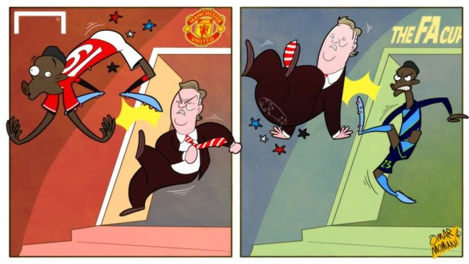 HLV Van Gaal đá Danny Welbeck khỏi Old Trafford sau khi nhậm chức HLV trưởng M.U. Chân sút người Anh cũng không vừa. Anh đáp trả bằng cách đá bay chiến lược gia người Hà Lan khỏi tứ kết Cúp FA ngày 10/3. Ảnh châm biếm các sự kiện bóng đá ồn ào nhất tháng 3