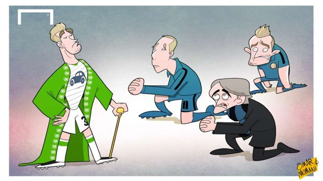 "Lãnh chúa" Bendtner khuất phục Inter Milan ngày 19/3 để đưa Wolfsburg vào tứ kết Europa League. Chân sút người Đan Mạch ghi bàn ấn định chiến thắng 2-1 cho đại diện nước Đức ở trận lượt về vòng 1/8 diễn ra tại Giuseppe Meazza (lượt đi Wolfsrburg thắng 3-1). Ảnh châm biếm các sự kiện bóng đá ồn ào nhất tháng 3