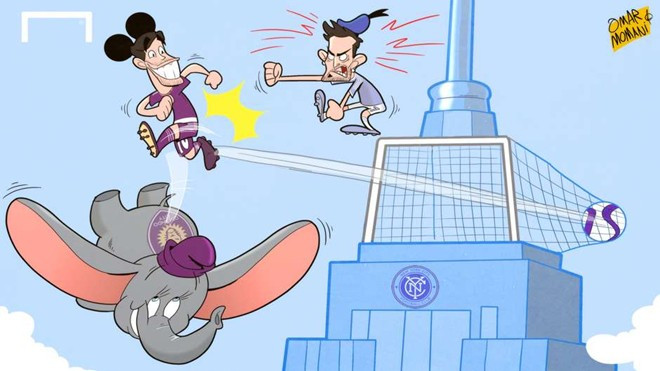 Trong trận ra mắt MLS gặp chủ nhà New York City của David Villa ngày 9/3, Kaka ghi bàn đem lại kết quả hòa 1-1 cho Orlando City. Ảnh châm biếm các sự kiện bóng đá ồn ào nhất tháng 3