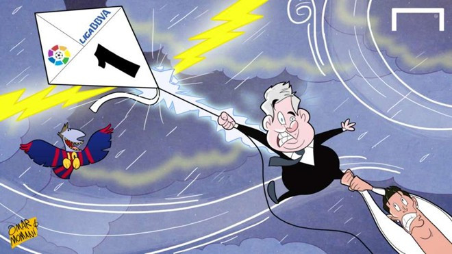 Thất bại 0-1 trước Athletic Bilbao ở vòng 26 La Liga ngày 8/3 khiến Real Madrid đánh mất vị trí số 1 vào tay đại kình địch Barcelona. Vị trí của Barca càng được củng cố sau chiến thắng 2-1 trong trận El Clasico ngày 23/3. Ảnh châm biếm các sự kiện bóng đá ồn ào nhất tháng 3