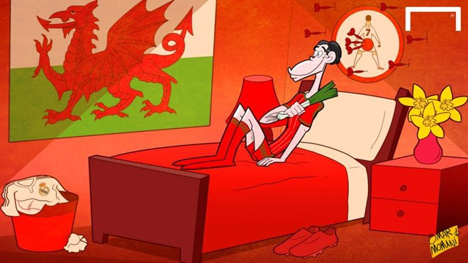 Bỏ lại sau lưng những chỉ trích về phong độ sa sút ở Real Madrid, Gareth Bale tận hưởng niềm vui khi lập cú đúp giúp xứ Wales đánh bại Israel với tỷ số 3-0 ngày 29/3. Ảnh châm biếm các sự kiện bóng đá ồn ào nhất tháng 3