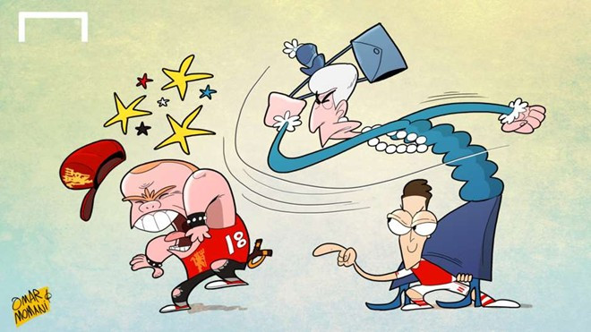 HLV Arsene Wenger bảo vệ Mesut Oezil trước những chỉ trích của Paul Scholes. Trước đó vào ngày 7/3, cựu danh thủ M.U cho rằng tiền vệ người Đức không còn động lực thi đấu. Tuy nhiên, nhà cầm quân người Pháp khẳng định cựu sao Real rất chăm chỉ trong các buổi tập của Arsenal. Ảnh châm biếm các sự kiện bóng đá ồn ào nhất tháng 3