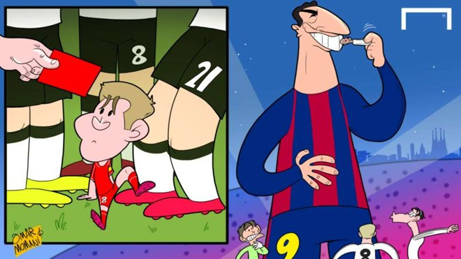 Trong khi Steven Gerrard hành xử như trẻ con để chuốc lấy tấm thẻ đỏ ở trận gặp M.U thì tại La Liga, Luis Suarez khiến dàn sao của Real Madrid "bạt vía" ở trận Siêu kinh điển diễn ra tại Nou Camp ngày 23/3. Ảnh châm biếm các sự kiện bóng đá ồn ào nhất tháng 3