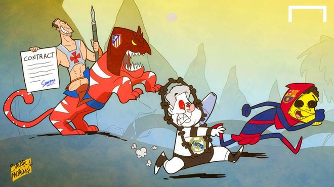 Việc HLV Diego Simeone gia hạn hợp đồng với Atletico (ngày 24/3) được cho là hiểm họa với Carlo Ancelotti và Luis Enrique. Dưới tài cầm quân của chiến lược gia người Argentina, đội chủ sân Vicente Calderon không còn e ngại khi đụng Real và Barca. Ảnh châm biếm các sự kiện bóng đá ồn ào nhất tháng 3