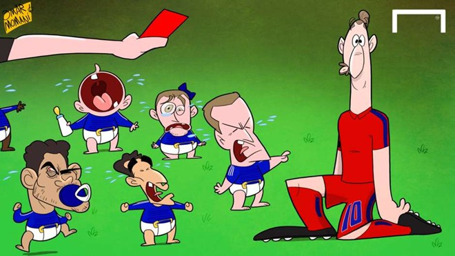 Zlatan Ibrahimovic ví các cầu thủ Chelsea như những đứa trẻ, sau khi 9 ngôi sao của "The Blues" xúm lại để phản ứng về pha phạm lỗi của Ibra với Oscar trong trận đấu tại Champions League ngày 12/3. Ảnh châm biếm các sự kiện bóng đá ồn ào nhất tháng 3