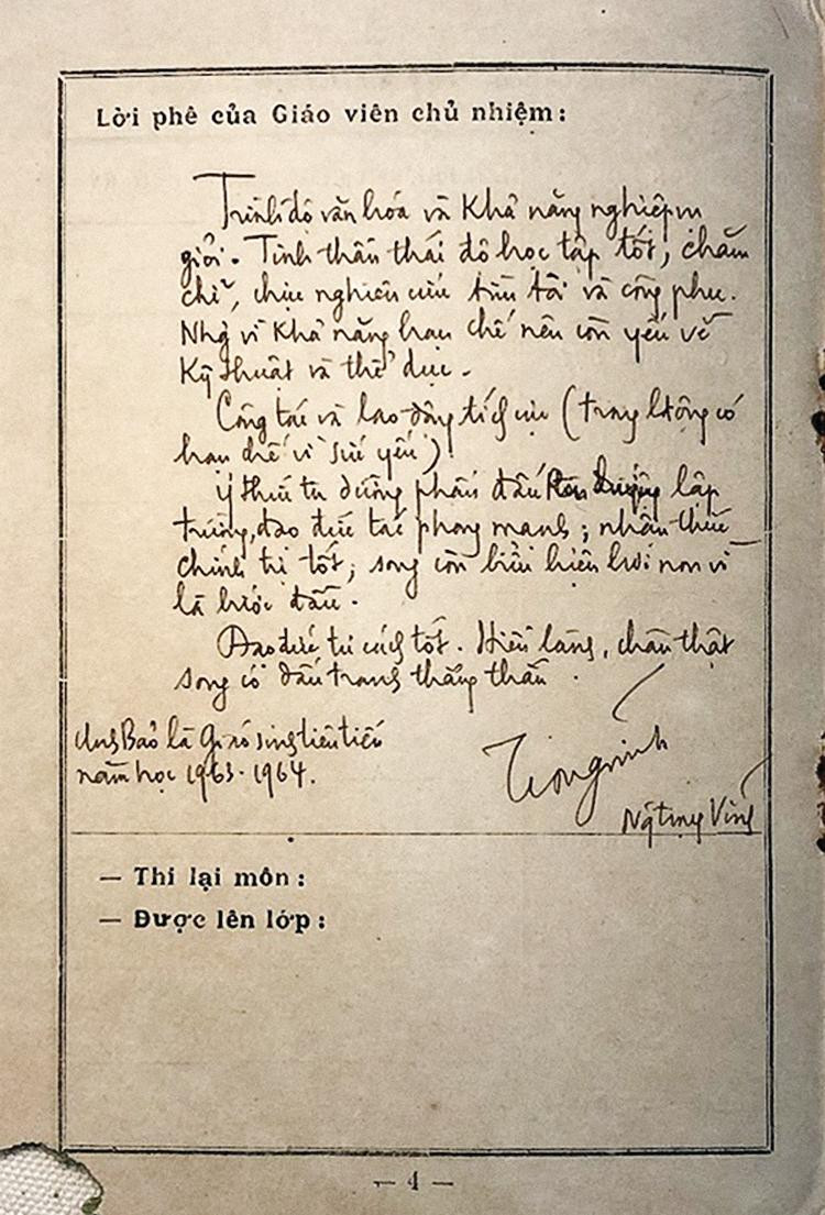 Học bạ do thầy Nguyễn Trọng Vĩnh phê niên học 1963-1964.