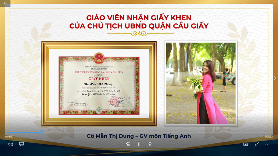 Cô Mẫn Thị Dung được nhận Giấy khen của Chủ tịch UBND quận Cầu Giấy (Hà Nội). Cô Mẫn Thị Dung được nhận Giấy khen của Chủ tịch UBND quận Cầu Giấy (Hà Nội).