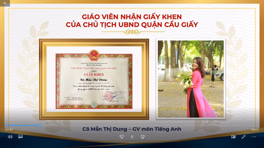 Cô Mẫn Thị Dung được nhận Giấy khen của Chủ tịch UBND quận Cầu Giấy (Hà Nội).