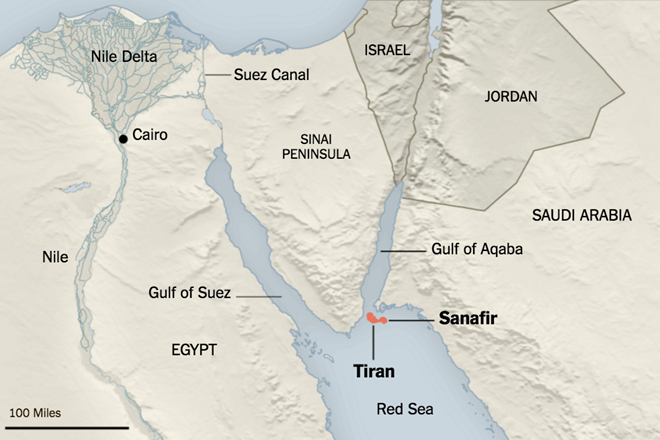 Vị trí 2 đảo Tiran và Sanafir. Đồ họa: New York Times Vị trí 2 đảo Tiran và Sanafir. Đồ họa: New York Times