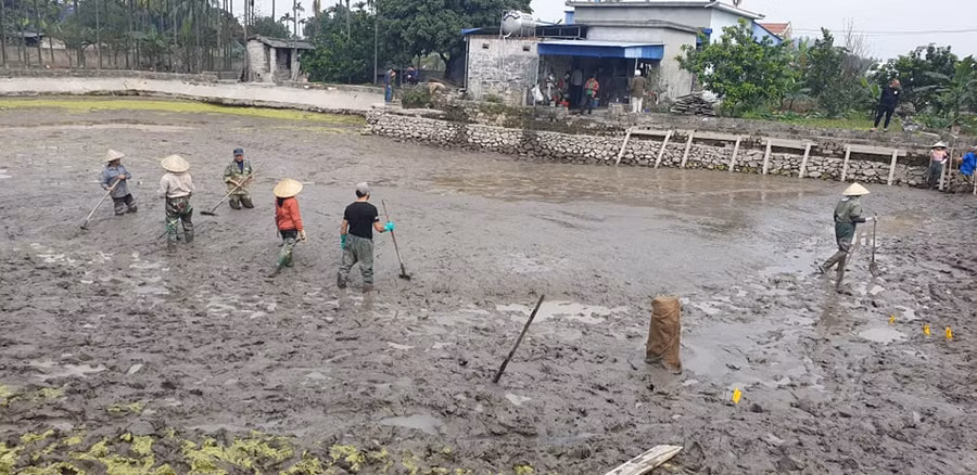 Người dân địa phương được huy động gạt bùn phục vụ công tác khai quật cọc Người dân địa phương được huy động gạt bùn phục vụ công tác khai quật cọc