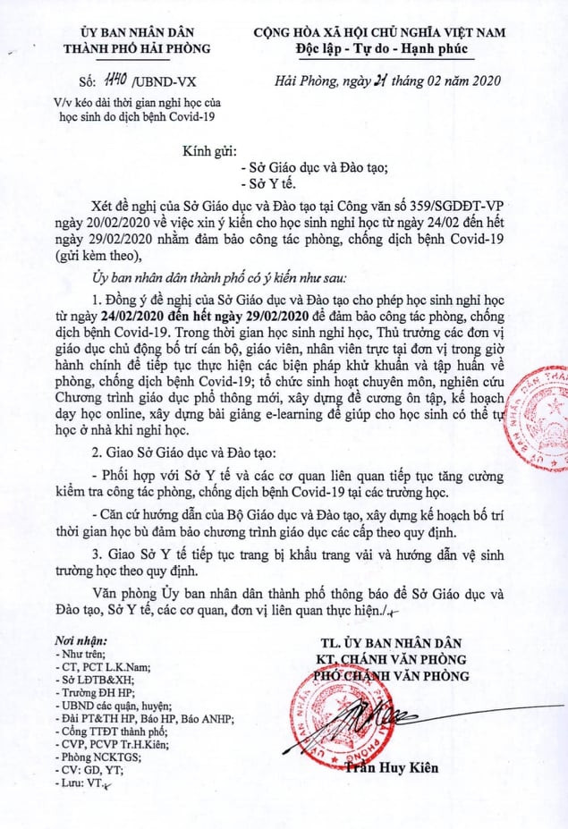 Công văn của UBND TP Hải Phòng về việc kéo dài thời gian nghỉ học của học sinh do dịch bệnh CoVid-19
