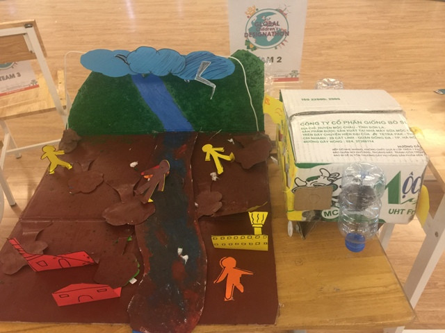 Nhóm 2: Thiết kế mô hình nguyên nhân và hậu quả của nạn chặt phá rừng. Sản phẩm này để tuyên truyền cho mọi người thấy được tác hại của vấn đề chặt phá rừng sẽ ảnh hưởng trực tiếp tới đời sống con người. Từ đó, xây dựng ý tưởng tạo ra chiếc máy trồng cây rừng tự động, chiếc máy này có khả năng gieo hạt, bón phân và tưới nước tự động, được điều khiển từ xa, chạy bằng pin năng lượng mặt trời.