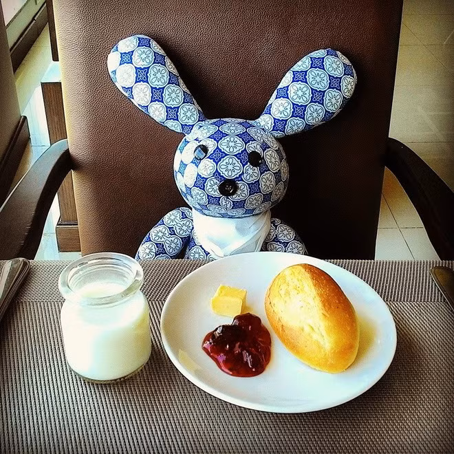 Thậm chí, gấu bông cũng được "tận hưởng bữa sáng" như người bạn khác. Ảnh: NVCC