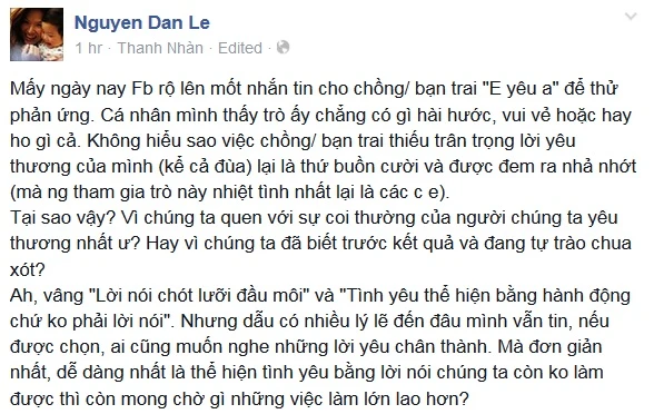 MC Đan Lê: “Em yêu anh - Đừng lan truyền và chơi trò vô bổ đó nữa“