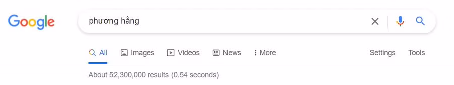 Tìm từ khóa "Phương Hằng" trên Google cho ra kết quả có hơn 52 nghìn chỉ trong 54 giây.