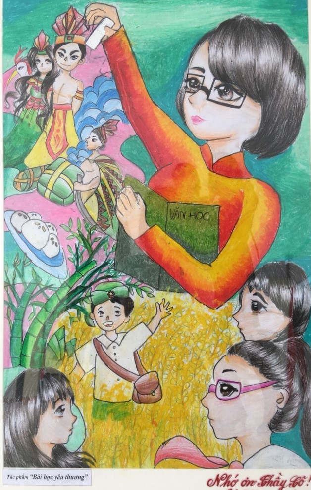 Không chỉ có những tiết mục nhảy sôi động, học sinh của trường cũng thể hiện tài năng qua những bức tranh tri ân thầy cô