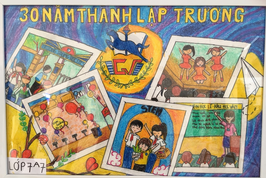 Tranh của học sinh khối 7 chủ đề "30 năm thành lập trường".