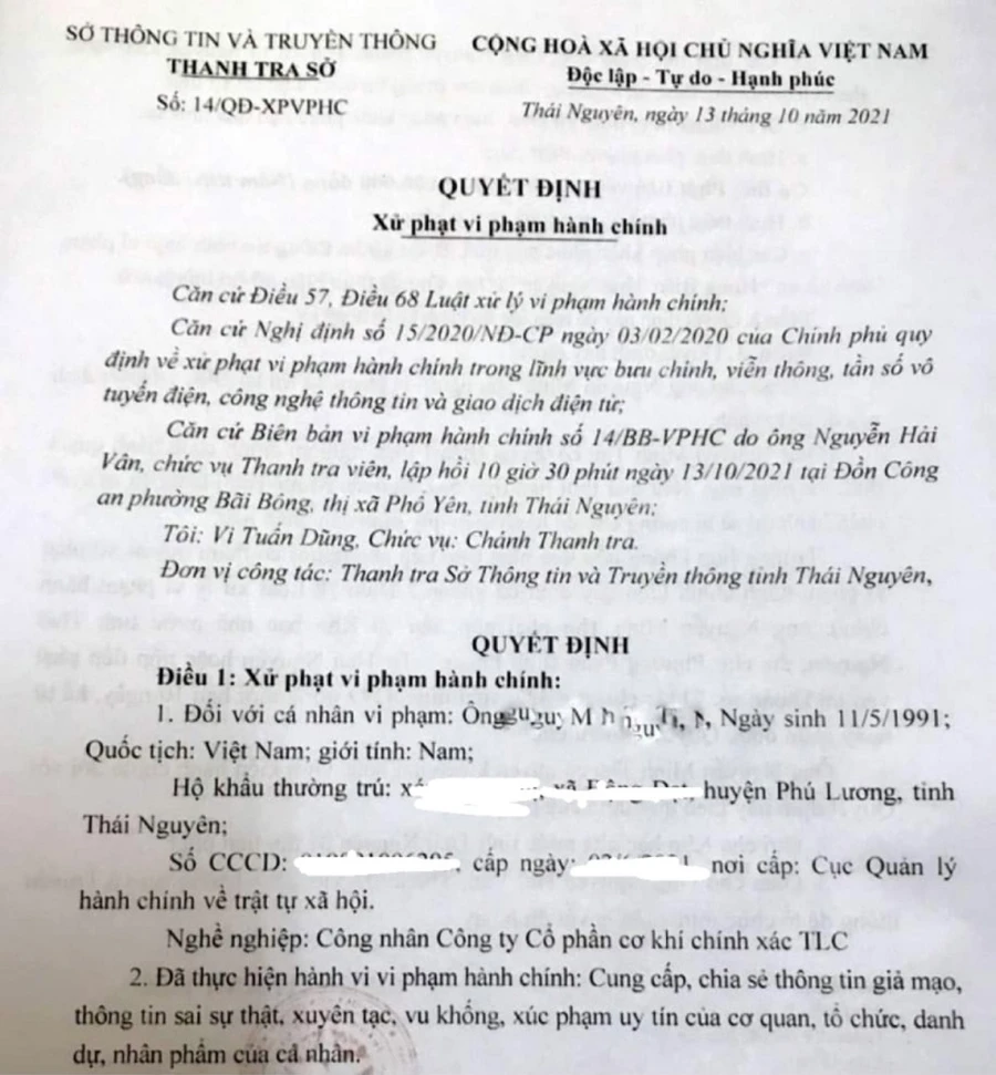 Quyết định xử phạt vi phạm hành chính của Sở Thông tin và Truyền thông đối với trường hợp của anh T.