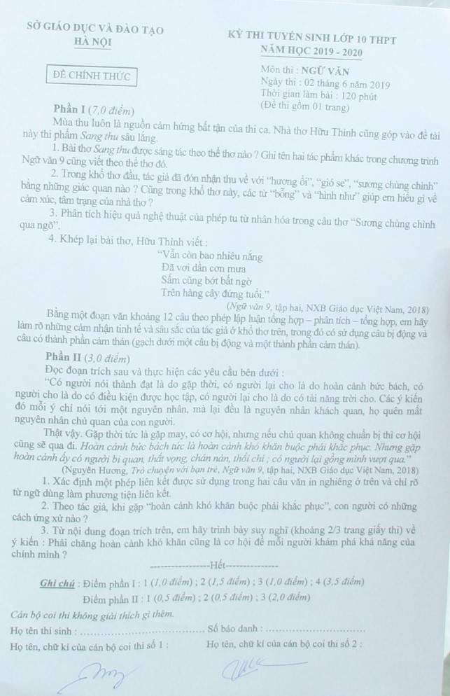 Đề thi Ngữ văn kỳ thi tuyển sinh vào lớp 10 của Hà Nội năm 2019 Đề thi Ngữ văn kỳ thi tuyển sinh vào lớp 10 của Hà Nội năm 2019