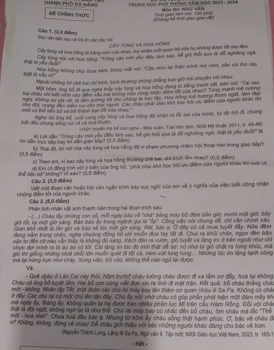 Đề thi môn Ngữ văn Kỳ thi tuyển sinh vào lớp 10 THPT công lập năm 2023 của TP Đà Nẵng. Đề thi môn Ngữ văn Kỳ thi tuyển sinh vào lớp 10 THPT công lập năm 2023 của TP Đà Nẵng.