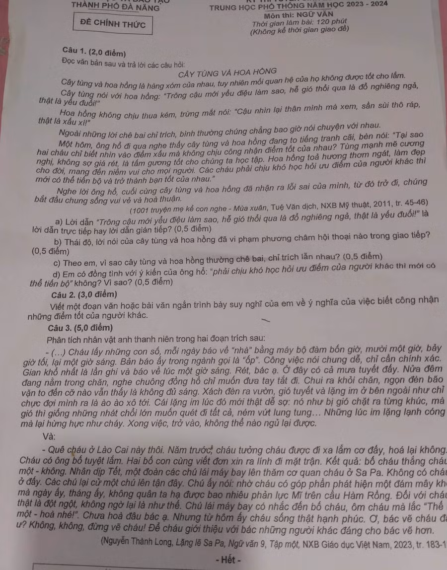 Đề thi môn Ngữ văn Kỳ thi tuyển sinh vào lớp 10 THPT công lập năm 2023 của TP Đà Nẵng.