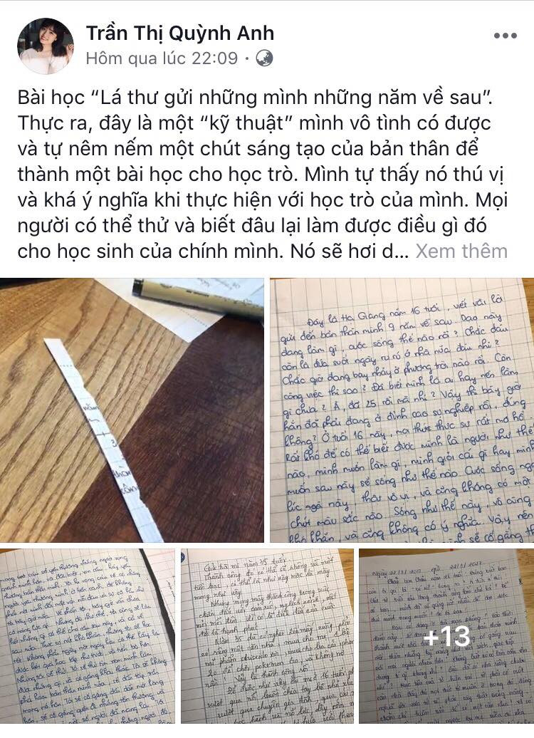 Cô giáo Quỳnh Anh chia sẻ trên trang cá nhân với mong muốn ý tưởng này sẽ được nhiều giáo viên thử áp dụng cho học trò của mình