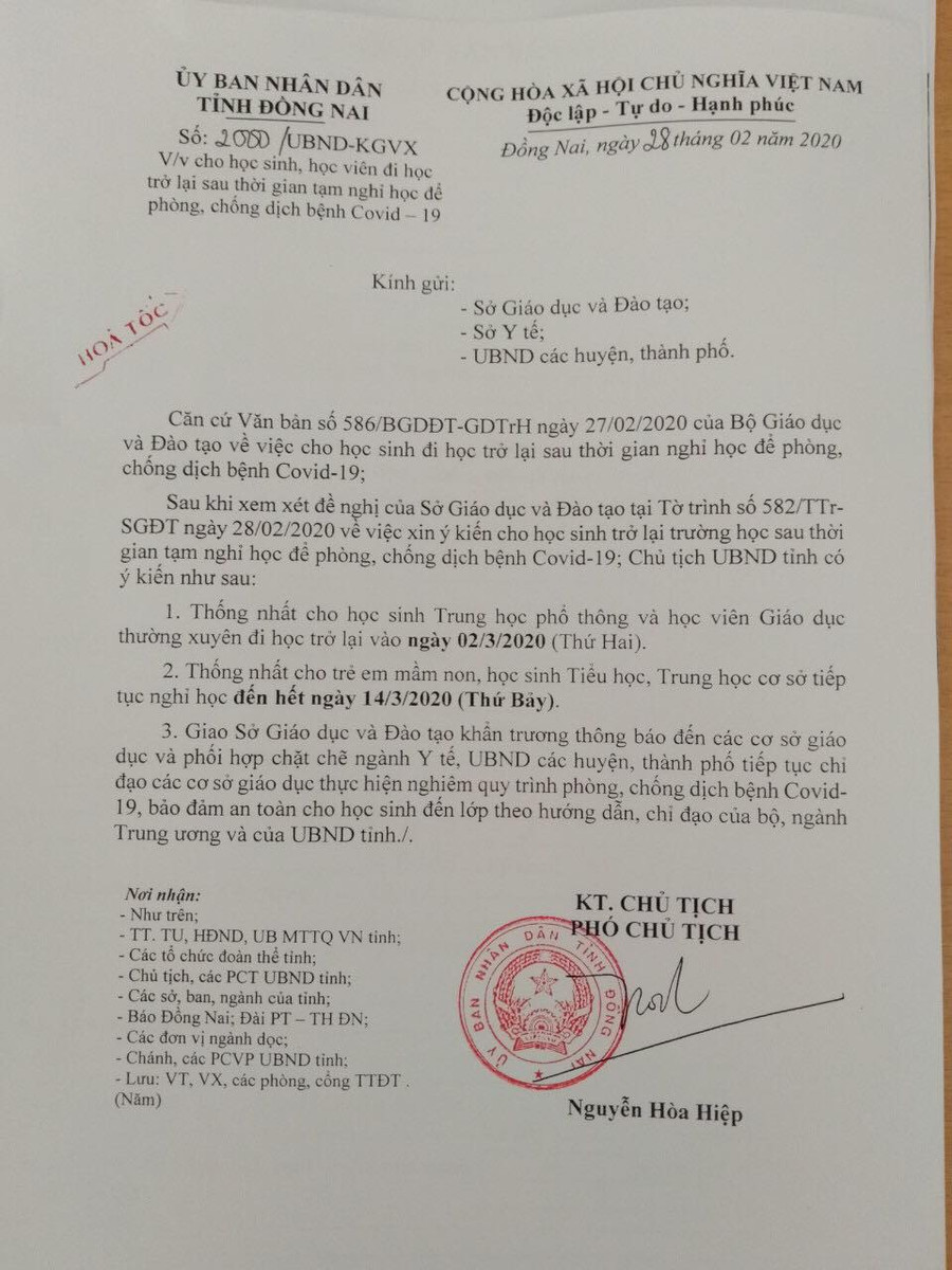 Văn bản hoả tốc của UBND tỉnh Đồng Nai về việc cho học sinh THPT, GDTX đi học trở lại từ ngày 2/3 Văn bản hoả tốc của UBND tỉnh Đồng Nai về việc cho học sinh THPT, GDTX đi học trở lại từ ngày 2/3